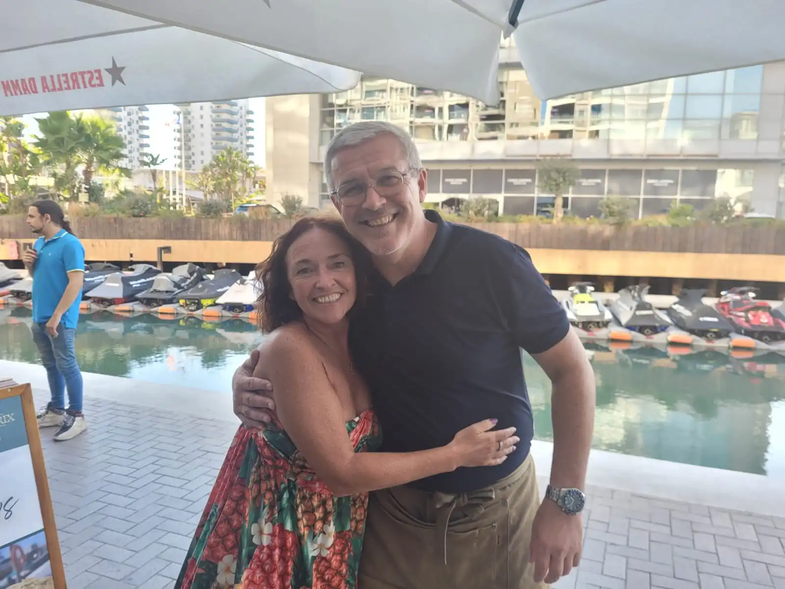 The landlord, Paul Collins, with a customer and friend on the terrace